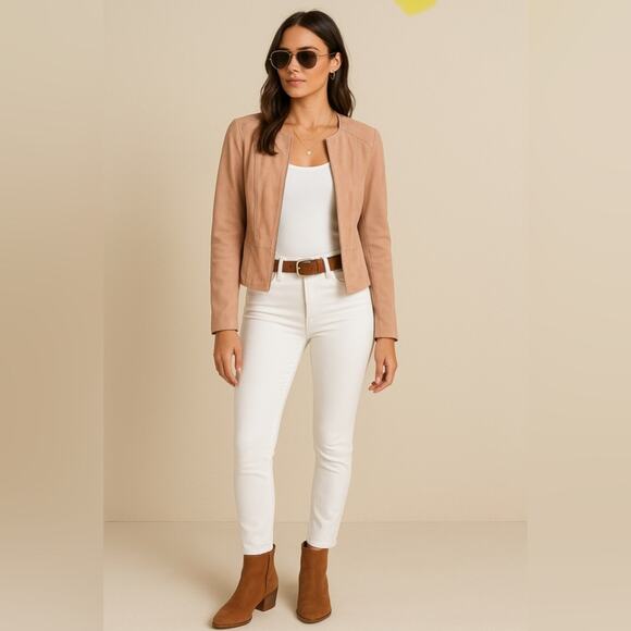 LaMarque Women's Cropped Moto Jacket Size Large Leather Light Pink Open Front - Picture 1 of 10
